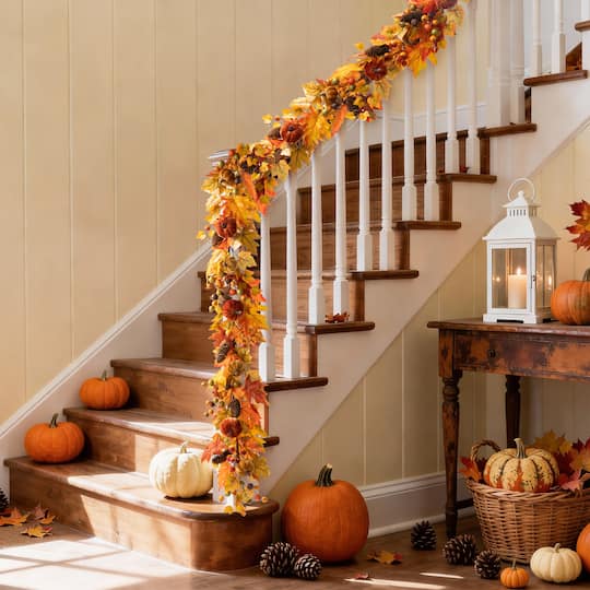 Glitzhome® 6ft Fall Velvet Pumpkin, Pinecone & Berry Garland
